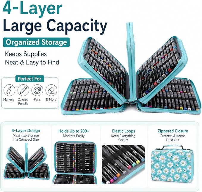 224-Slot Marker Organizer Bag, 4-Layer Case with Strap | 224-slot 4-layer marker bag in twill Oxford fabric with handle, detachable strap, smooth zipper for studio and outdoor use. - Image 3
