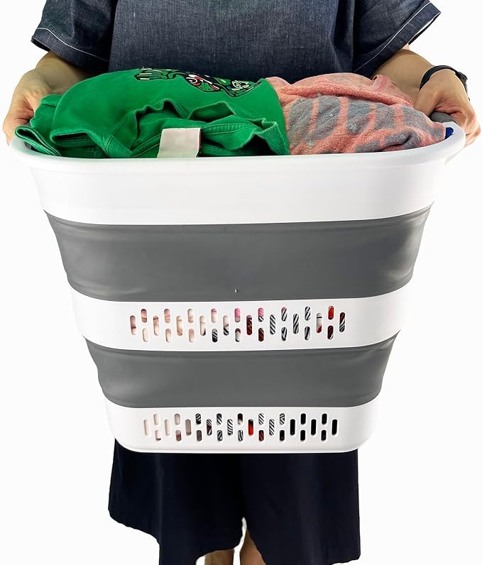 SAMMART 40L (10.5 Gallon) Collapsible Plastic Laundry Basket - Foldable Pop Up Storage Container/Organizer - Portable Laundry Hamper - Space Saving (2, White/Steel Grey) - Image 5