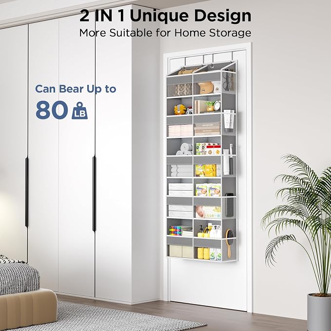 2 Pack 5-Tier Over The Door Organizer with 10 Side Mesh Pockets & Clear Windows, 80 lbs Weight Capacity Hanging Storage for Bathroom, Bedroom, Nursery, Kitchen, Organize Shoes, Diapers(Grey) - Image 4