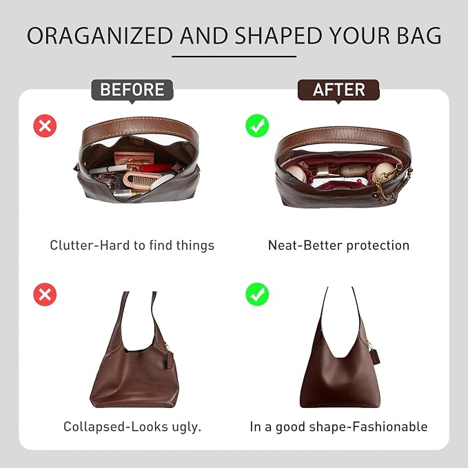 Tyvek Purse Organizer Insert for Coach Brooklyn 28 Shoulder Bag | Waterproof Bag Insert, 5 Pocket Storage, Elastic Bottle Holder, Zipper Pocket, Tote Bag Dividers, Everyday Use, White Maple - Image 4