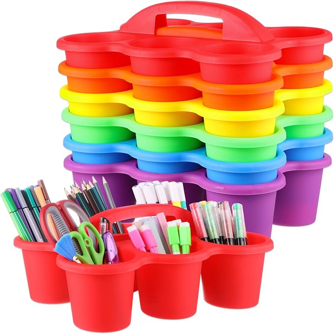 6 Pack Classroom Caddy Organizer with Handle, 6 Compartments, Colorful | Stackable Plastic Table Caddies, 12x9x3.5 In, caddy Organizer for School Supplies, Crayons, Pencils, Crafts and Drink Cups by gisgfim