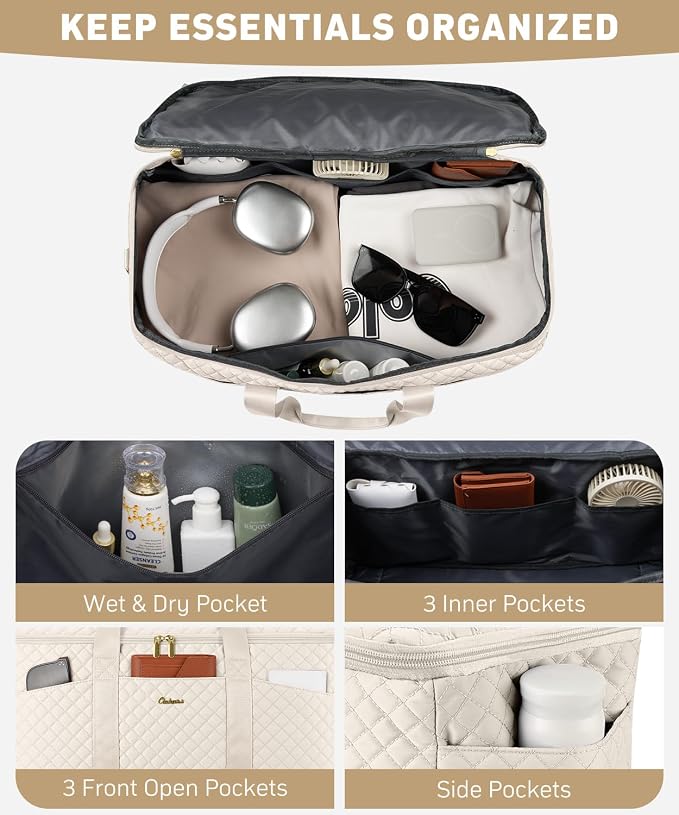 Duffle Bag for Travel, 40L Weekender Bag with Shoe Compartment, Carry On Overnight Bag for Women with Toiletry Bag Duffel Bags with Wet Pocket for Gym Hospital Bags for Labor and Delivery Beige - Image 2