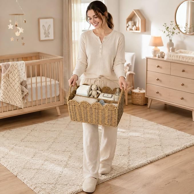 Diaper Caddy Organizer, Paper Rope Storage Baskets Nursery Bin with Removable Divider, Woven Scalloped Portable Car Organizer for Diapers, Baby Shower Gifts, Newborn Essentials Must Haves - Image 7