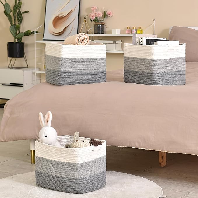 ICERZCZ Storage Baskets for Organizing Shelves, Woven Cotton Rope Baskets for Storage Books Towels Toys, Organizing Baskets, Toy Basket for Nursery Bathroom, 15"x11"x9.5", 3 Packs, Gradient Grey - Image 7