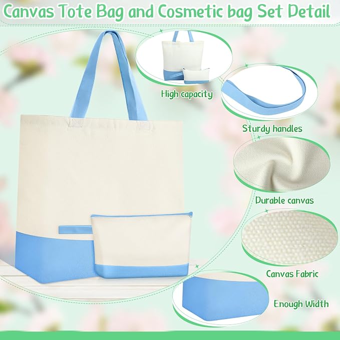 Sanwuta 30 Pcs Canvas Tote Bags Bulk with Zipper Cosmetic Pouch,Light Blue | 18.5" Reusable Cotton Shopping Bag with Handle for DIY Craft - Image 4