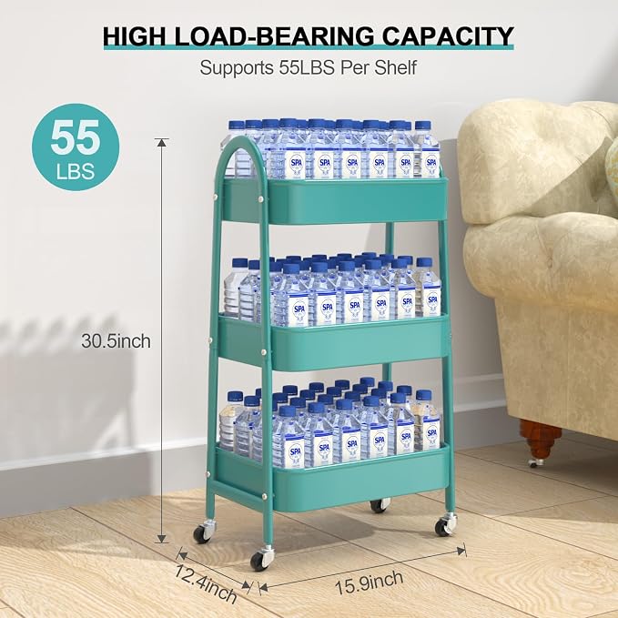 3 Tier Utility Rolling Cart, Metal Storage Cart with Handle and Lockable Wheels, Multifunctional Storage Organizer Trolley with Mesh Baskets for Kitchen, Living Room, Office, Garage (Turquoise) - Image 6