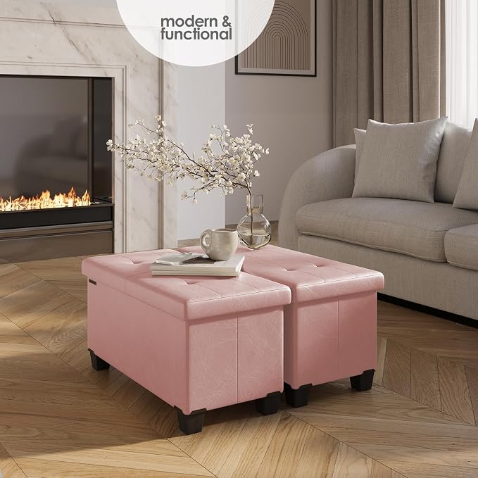 Storage Ottoman Bench with Bins, 30-in Storage Bench for Bedroom End of Bed, Folding Foot Rest Ottoman for Living Room Max 660lbs, Leather Ottomans, Pink - Image 2
