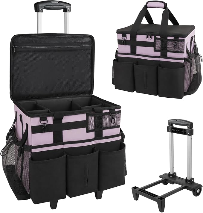 SCAVATA Rolling Cleaning Caddy Bag with Detachable Trolley, Large Cleaning Supplies Organizer with Wheels, Multi-Pocket Cleaning Cart with Adjustable Shoulder Strap for Housekeepers (Lilac) by Tidyyourlife