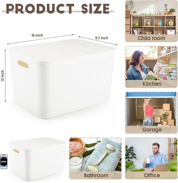 8 Pieces White Plastic Storage Bins with Lids, Stackable Storage baskets with Handle Containers Box for Shelves Drawers Desktop Playroom Classroom Office Organization(16 x 12 x 9.7 Inches) - Image 2