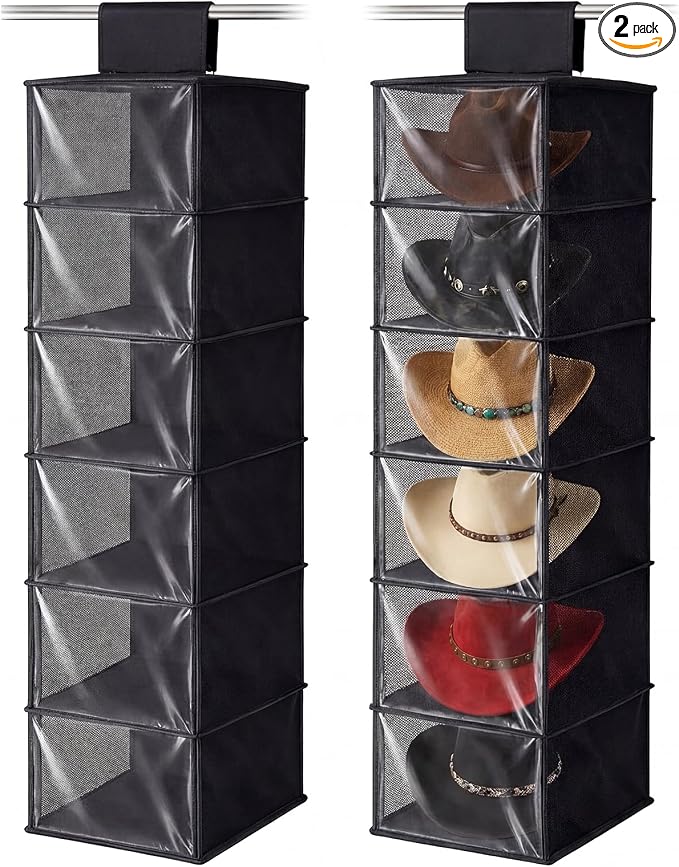 Briwooody 2 Pack XL Cowboy Hat Rack for Closet, 6 Shelf Hanging Hat Organizer for Wide Brim Caps, Dustproof Storage with Cover, Space Saving Closet Organizer for Cowboy Fedora Western Caps by Briwooody