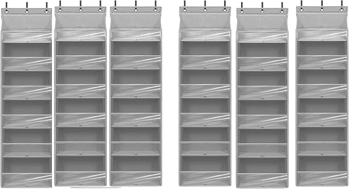 Over Door Organizer with 6 Extra Large Pockets 12 Side Pockets, Sturdy Closet Storage Rack, Hanging Storage Organizer with Clear Window for Shoes, Diaper, Bedroom, Bathroom, Grey, 6-Pack by Unknown
