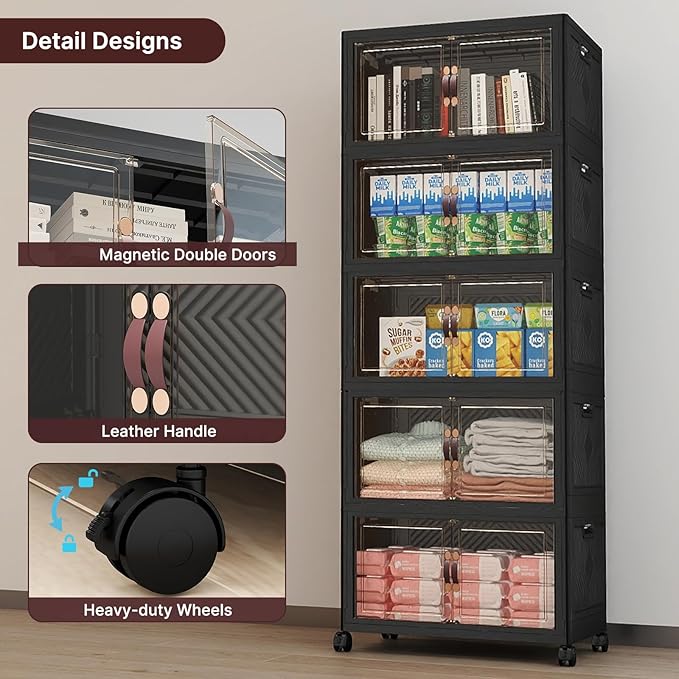 Stackable Storage Bins with Lids, 240QT Lockable Storage Cabinet | Folding Storage Box with Doors and Wheels, Collapsible Plastic Drawers for Home, Garage, Office - Image 4
