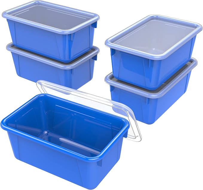 Storex Small Cubby Bins – Plastic Storage Containers for Classroom with Non-Snap Lid, 12.2 x 7.8 x 5.1 inches, Blue,(62408U05C) (Pack of 5) by Storex