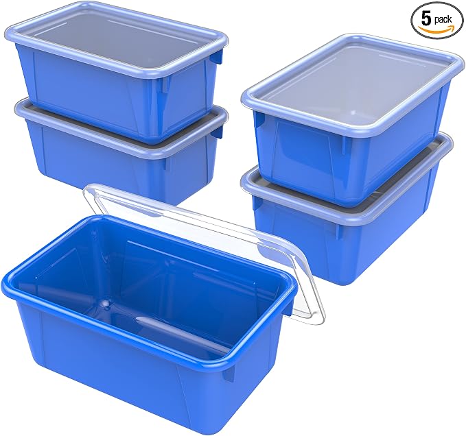 Storex Small Cubby Bins – Plastic Storage Containers for Classroom with Non-Snap Lid, 12.2 x 7.8 x 5.1 inches, Blue, 5-Pack (62408A05C) by Storex