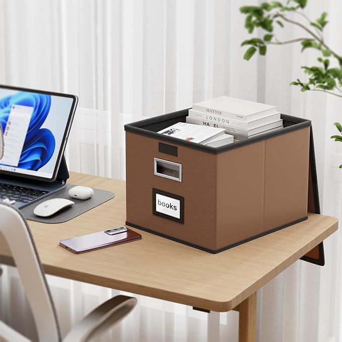 Foldable File Organizer Box with Lids (1 Pack, Brown, Leather) | File Box with Plastic Slides for Document, Filing Bin for Letter Size Hanging File Folders (1 Pack, Brown, Leather) - Image 2