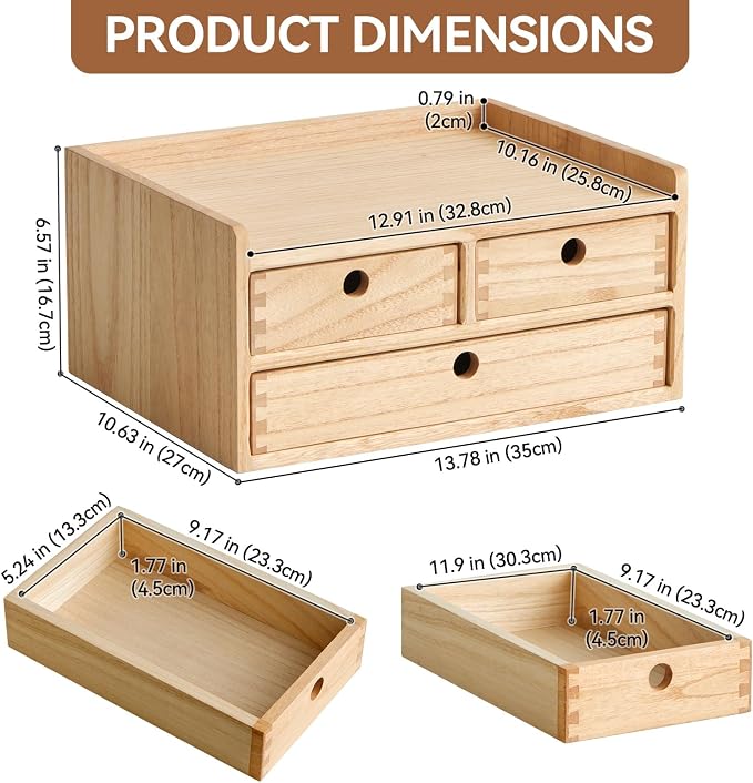 KIRIGEN Wooden Desk Organizer with 3 Drawers and Top Tray Natural DT2D3C-NA | 3-Drawer Cabinet with Top Shelf Stores Papers, Office Supplies, Cosmetics, Crafts, and Small Accessories on Desks or Counters - Image 2