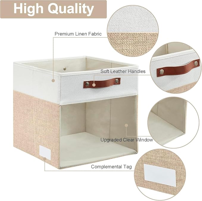 Storage Cubes, 4 Pack Linen Foldable Storage Bins with Clear Window and 2 Handles, 13x15x13 Storage Cube Bins for Shelf Closet, Kallax, Clothes, Books - (Beige / Off-White) - Image 5