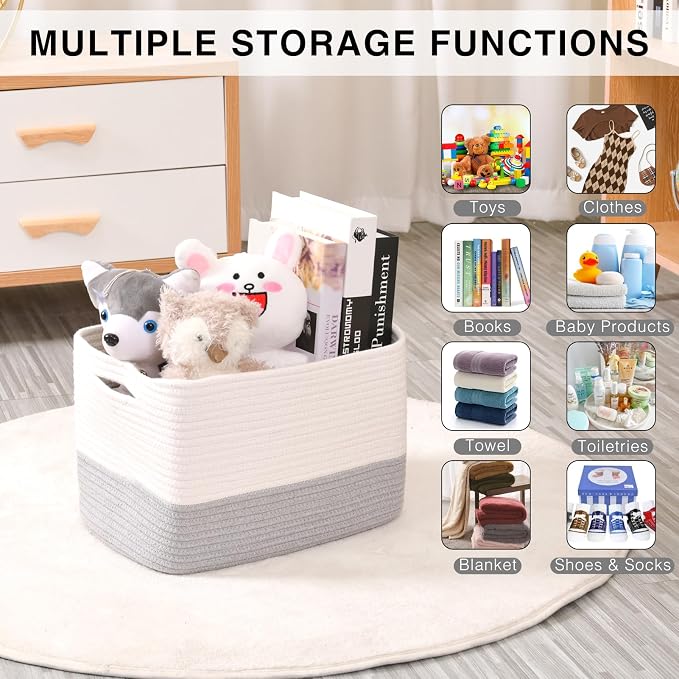 ICERZCZ Storage Baskets for Organizing Shelves, Woven Cotton Rope Bins for Baby Nursery Organization, Book Toy Towel Organizer, 15"x11"x9.5", 3 Packs, Off White & Grey - Image 4