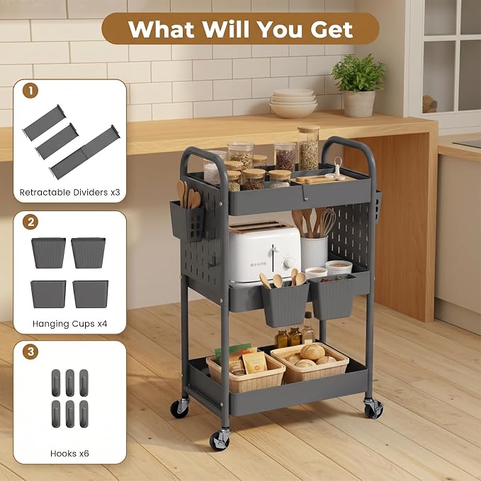danpinera 3 Tier Rolling Cart with Retractable Dividers, Multi-Functional White Rolling Utility Cart with Pegboards, Hooks & Hanging Cups for Nursery, Living Room, Studio - Image 3