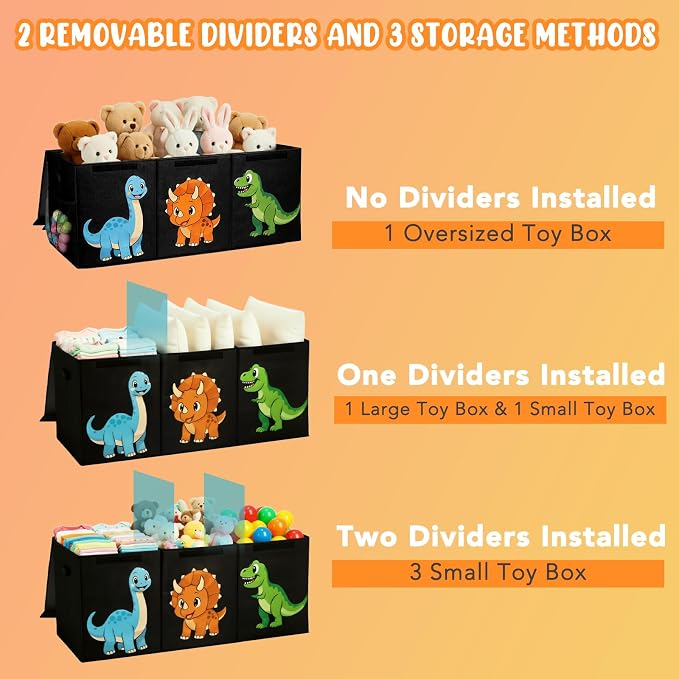 Extra Large Collapsible Toy Box Chest, Sturdy Dinosaur Toy Storage Organizer with Lids, 40"x16"x14", Toy Box for Boys Girls, Cute Kids Bin Baskets for Living Room, Playroom, Nursery, Bedroom, Black - Image 3