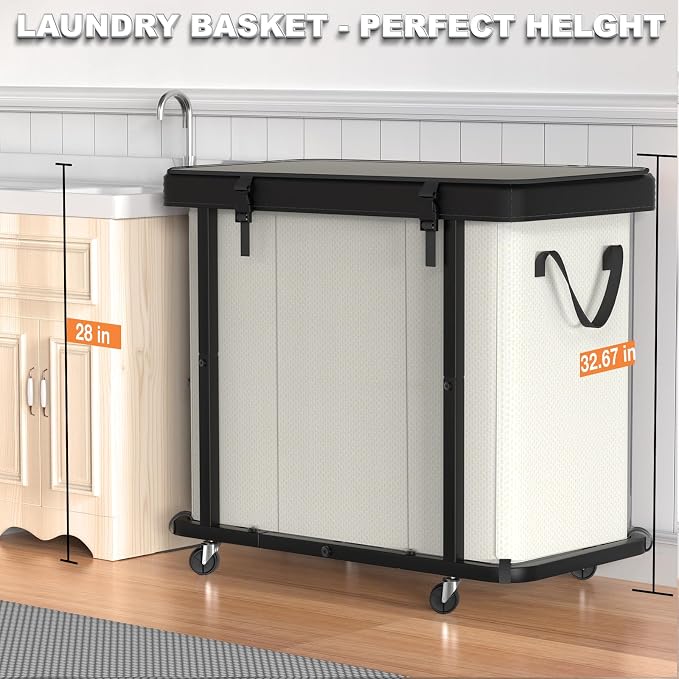 Laundry Basket with Wheels, 230L(60Gal) Laundry Sorter 3 Section - Beige | Leather Patchwork Laundry Hamper, Sturdy Metal Frame, Removable Washable Bag, Tall Clothes Sorter for Bedroom - Image 5