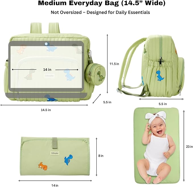 Diaper Bag Backpack with Changing Pad - Travel Baby Bag, Insulated Bottle Pockets, Stroller Straps (Medium - Green Dinosaurs) - Image 7