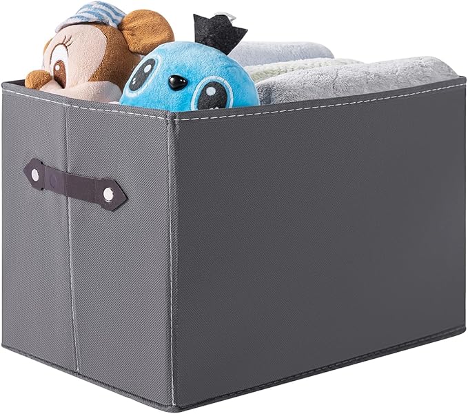 1 Pack Large Collapsible Storage Baskets for Shelves,14.9"x9.5" Fabric Closet storage Boxes with Leather Handles,Decorative Organizers Storage Bins for Clothes,Sheets,Toys,Books,(Gray) by Yunkeeper