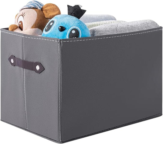 1 Pack Large Collapsible Storage Baskets for Shelves,14.9"x9.5" Fabric Closet storage Boxes with Leather Handles,Decorative Organizers Storage Bins for Clothes,Sheets,Toys,Books,(Gray) by Yunkeeper