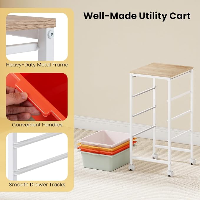 Rolling Storage Cart with 4 Drawers, Plastic Craft Organizer on Wheels with Wooden Top, Mobile Art Supply Utility Cart for Classroom, Home, Office - Image 7