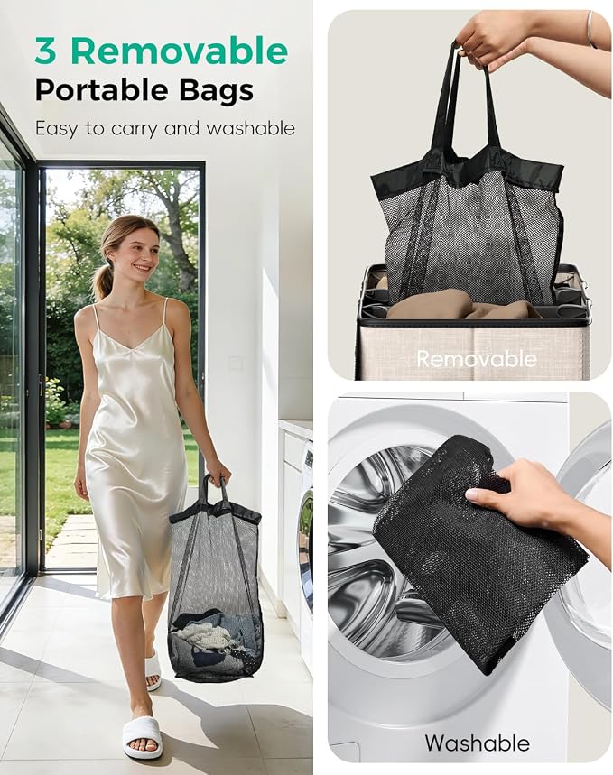 185L Laundry Hamper 3 Section with Lid & Removable Bags | Collapsible laundry basket organizer for laundry room, bedroom & dorm with 3 removable washing bags - Image 6