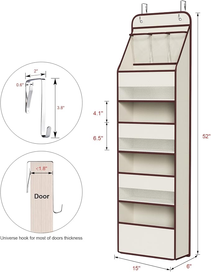 Univivi Fabric Over Door Hanging Organizer for Baby Nursery, Beige, 5-Shelf | Door Storage with Large Capacity Breathable Mesh Pockets, Over the Door Organizer for Baby Essential, Bedroom and Dorm - Image 3
