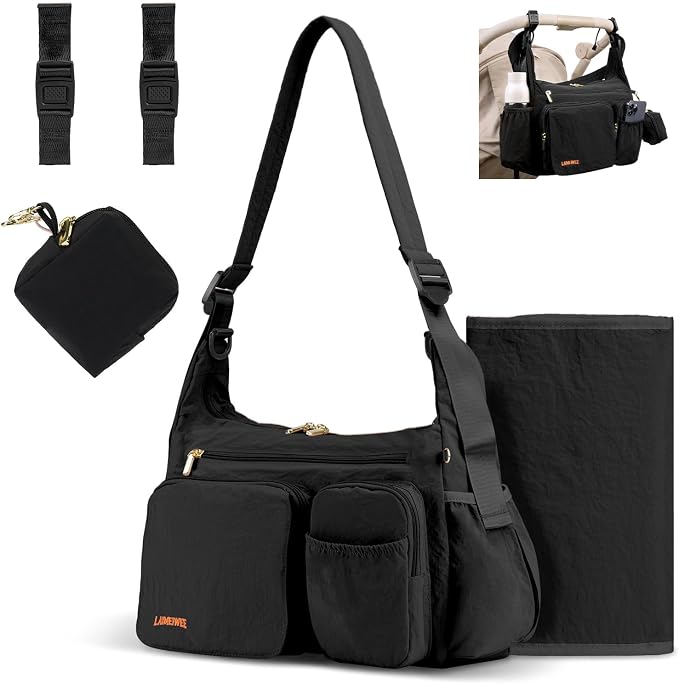 Puffy Crossbody Diaper Bag, 2-in-1 Stroller Caddy & Mom Purse, 13L Lightweight Travel Duffle Bag for Baby, Work Commute, Gym, Labor Delivery (Black) by LighttoGoFreetoRoam