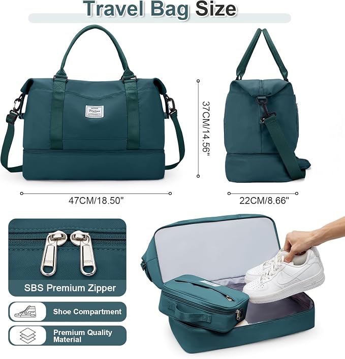 Weekender Bags for Women, Travel Duffel Bags with Shoe Compartment & Wet Pocket,Personal Item Travel Bag for Airlines,Carry on Overnight Tote Bag for women,3Pcs Set，Peacock Blue - Image 2