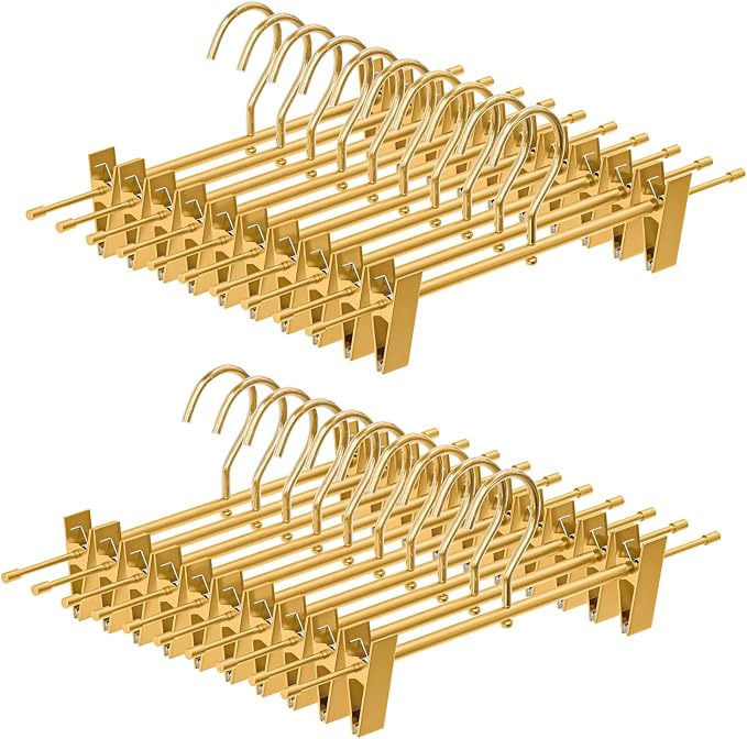Matte Gold Aluminum Pants Hanger with Adjustable Clips, 20 Pack | Non-Slip, Sturdy Metal, 360° Swivel Hooks, Heavy-Duty & Space-Saving Closet Organizer for Pants, Skirts, Kids & Adults by GLOSHOOTING