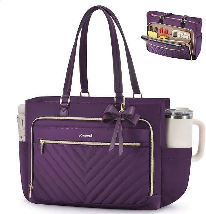 LOVEVOOK 17 Inch Laptop Tote Bag for Women, Work Bag for Teacher with Large Cup Holder,Quilted Nurse Diaper Bag for Travel, Computer Women's handbags for Teacher gift, Purple by LOVEVOOK