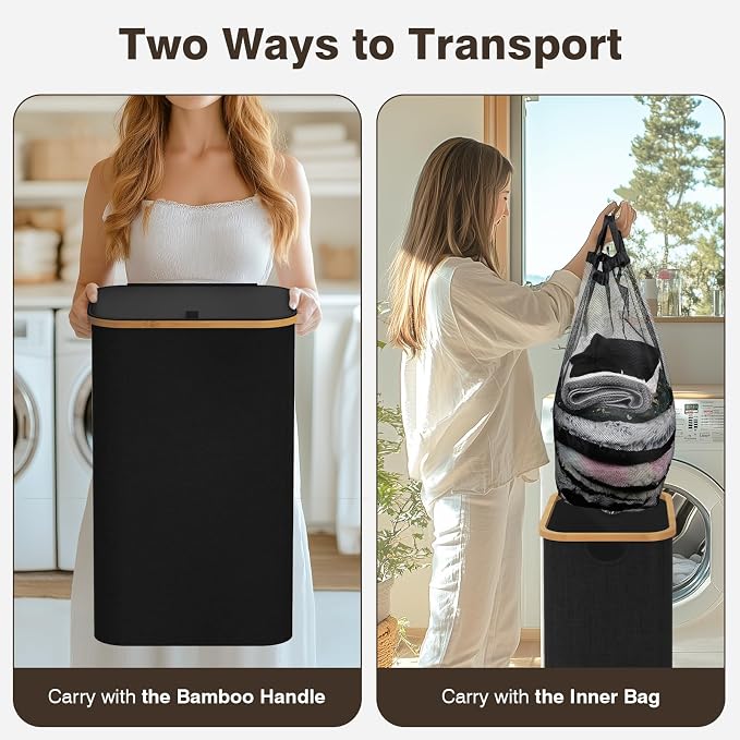 Laundry Hamper with Lid, Laundry Basket with Removable Bag, Black | 100L Large Dirty Clothes Hamper with Handle, Freestanding Bamboo Laundry Hamper for Bedroom, Bathroom, Laundry Room - Image 3