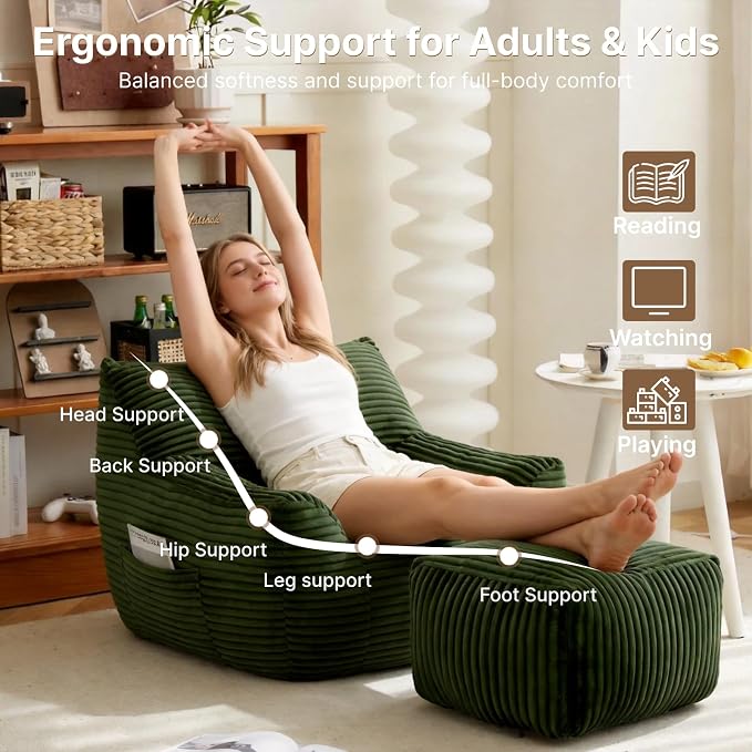 Oversized Bean Bag Chair with Ottoman, Bean Bag Couch with 2 Side Pockets, Corduroy Boneless Couch Chair in a Box, Comfy Lounge Chair for Living Room, Bedroom, Dorm, Green - Image 5