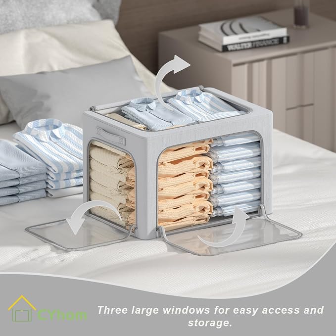 3 Openings Clothes Storage Bins Box - 3Pack Stackable Foldable Storage Bin - Metal Frame Storage Box Clothing Storage Organizer with Clear Window, Carry Handles (Light Grey, 100L-23.6x16.5x15.7in) - Image 2