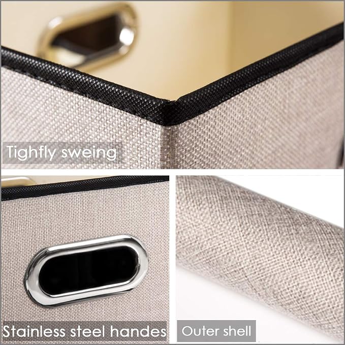 Foldable Storage Bin with Lid [3-Pack] Linen Fabric Decorative Storage Box Organizer Container Basket Cube with Handles Divider for Closet Office Living Room Light Grey(14.9x9.8x9.8) - Image 4