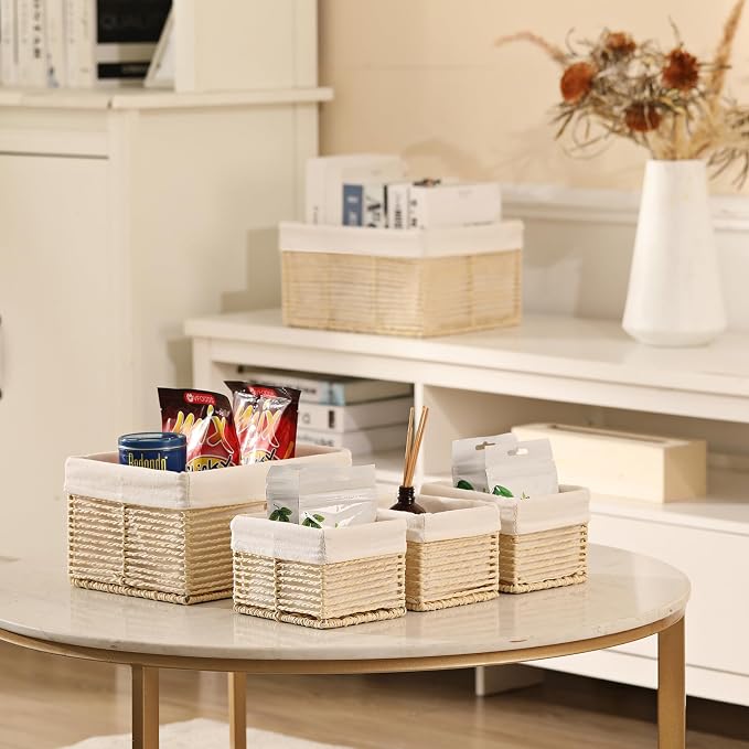 Wicker Storage Basket, Hand-Woven Paper Rope Basket, Rectangular Small Basket for Organizing, Cube Storage Bin for Closet/Clothes/Dresser, Beige, 5-Pack - Image 4