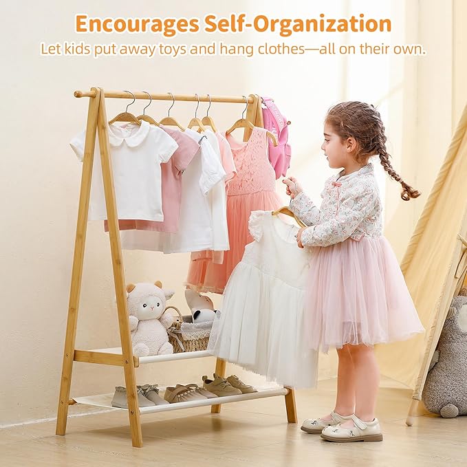 Foldable Kids Clothing Rack - Dress Up Storage with 2 Fabric Shelves, Bamboo Small Clothes Rack for Hanging Organizer, Kids Costume Wardrobe & Dress Up Rack for Bedroom, Playroom, Nursery (Natural) - Image 6