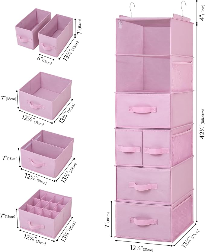 GRANNY SAYS Hanging Closet Organizer, 5 Drawers, 6 Shelves, 6 Pockets, Pink | Hanging Closet Organizer with 5 Different Drawer Designs, 6 Shelves & Reinforced Structure for Organized Small Spaces - Image 3