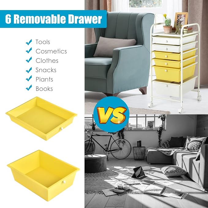 GOFLAME 6-Drawer Rolling Storage Cart, Multifunctional Art Craft Organizer Cart, Mobile Utility Storage Cart with Removable Drawers & Lockable Wheels, Craft Cart for Home Office, School, Yellow - Image 6