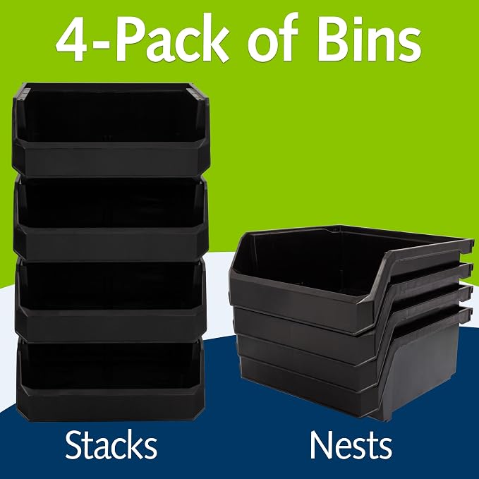 Medium-Wide Stackable Plastic Storage Bins, 4-Pack, Black | Open-Front Stackable Bins For Garage, Pantry, Closet & Office, 11"L X 11"W X 5"H, Nests When Empty, Durable Plastic - Image 3