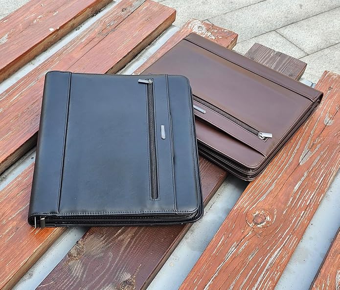 14" Laptop Briefcase, Vegan Leather Portfolio with Zipper Compartments x 2, A4 Papers Holder Padfolio Organizer - Image 6