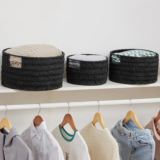 Wicker Storage Basket, Hand-Woven Paper Rope Large Round Woven Basket With Handles, Wicker Baskets for Organizing/Storage, Black, 3-Pack - Image 4
