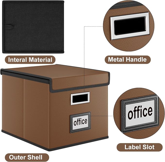 Foldable File Organizer Box with Lids (2 Pack, Brown, Leather) | File Box with Plastic Slides for Document, Filing Bin for Letter Size Hanging File Folders (2 Pack, Brown, Leather) - Image 3