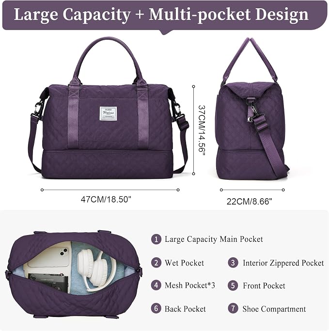 Weekender Bags for Women, Travel Duffel Bag with Shoes Compartment | Overnight Bag with Toiletry Bag, Carry on Personal Item Bag for Travel Business Trips Sport Hospital,Grid Travel Bag Set - Image 3