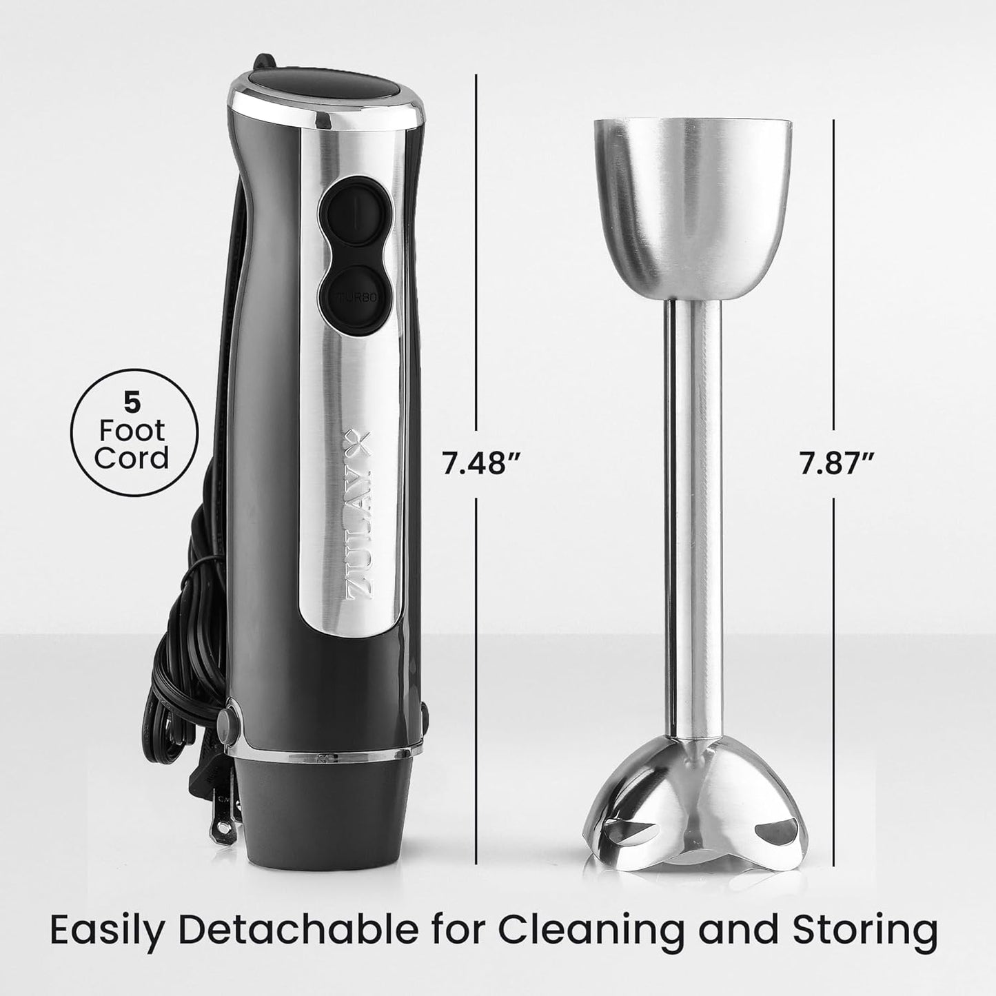 Zulay Immersion Stick Mixer Hand Blender - 800 Watts, Turbo Mode, 5-ft Power Electric Cord, Handheld Portable, Stainless Steel Blades - For Effortless Blending Smoothie, Soup, Baby Food, Puree - Gray