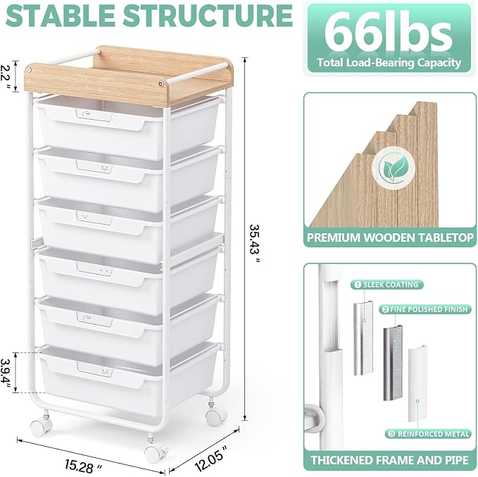 SYKIARIOL Rolling Cart with 6 Drawers,Art Craft Organizer and Storage,White | Utility Storage Cart with Drawers,Makeup Organizer With Wooden Tabletop - Image 5
